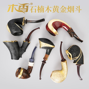 Handmade Briarwood Tobacco Pipe Bent Type Solid Wood Curved Handle With Gold Trim Men's Smoking Pipe - Product Image 2