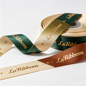 Custom Silver Foil Logo Printing Multi Pattern Polyester Grosgrain <b>Ribbon</b> Stripe Dot Floral Plaid For Apparel & Gift Packaging - Product Image 4