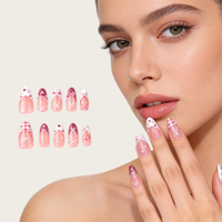 Vente en gros de faux ongles à presser faits main, longs, forme amande, rose et rouge, avec nœud 3D, cœur et perle, pour femmes