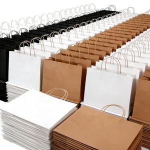 Sacs en papier kraft recyclé blanc et brun avec poignée découpée pour courses, vente en gros, à emporter, avec logo – En stock - Product Image 1