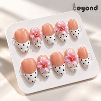 Kuku Palsu Handmade Grosir PMMA Pink 3D Floral Black Polka Dot French Tip Full Cover 10 Pcs