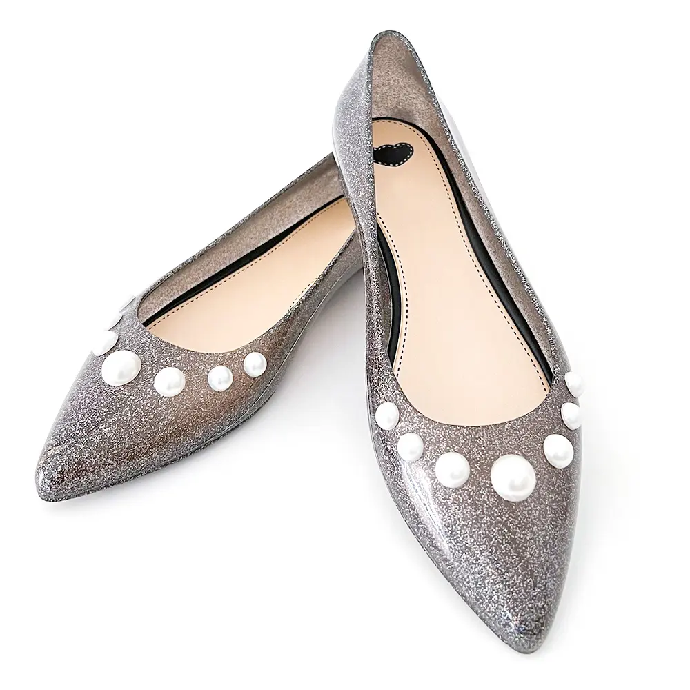 ODM Custom Logo Ladies Elegant Sparkling Pearl Ballet Flat Jelly PVC Footwear Woman Luxury Glitter Crystal Sandal Shoes