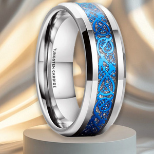 Mens Jewelry Wholesale 8mm Wedding Band Tungsten Carbide Silver Meteorite <strong>Sticker</strong> Inlay Blue <strong>Celtic</strong> Dragon Inlay Beveled Edge - Product Image 1