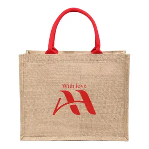 Red Handle Medium Tote Natural Burlap Jute Fabric Bag With Custom Logo Printing