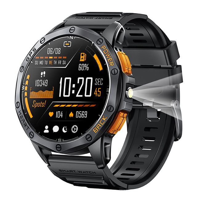 K67 GPS LED Flashlight Amoled Smart Watch for Men IP68 Waterproof Barometric Compass Altimeter 530mAh Android Alarm Clock