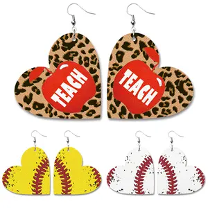 Women's Heart Shaped Leopard Teach Print Baseball Football Pattern Leather Drop Earrings For Teacher's Day Gift