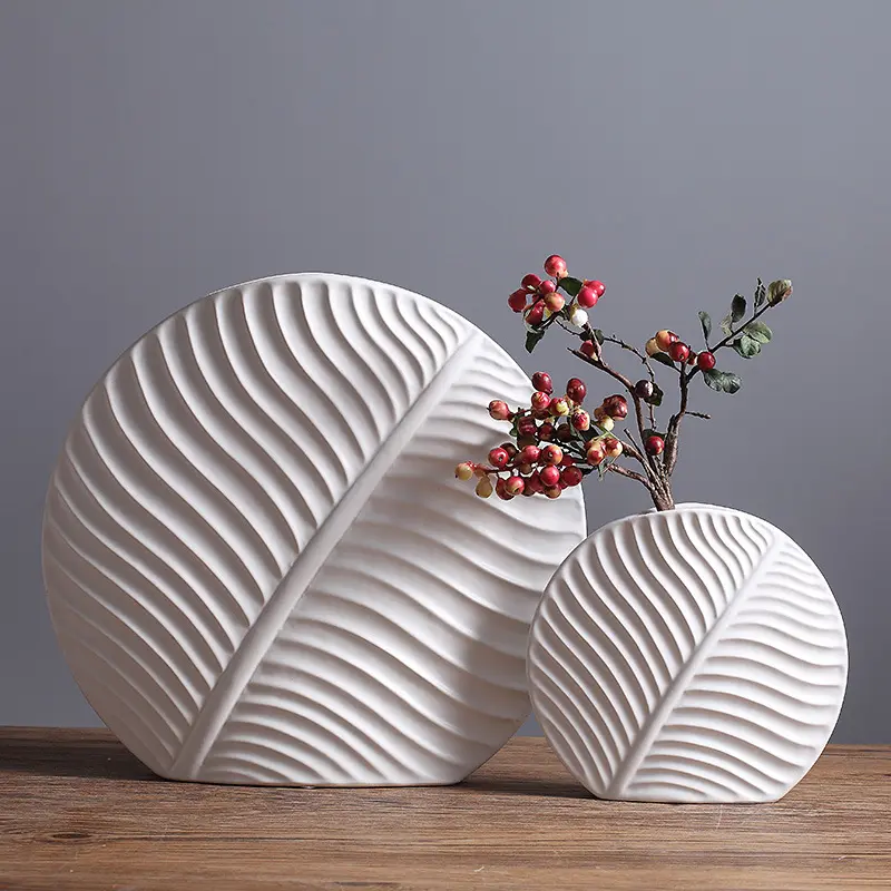 Wholesale Nordic Modern White Matte Leaf Vase For Home Decor Dry Flower Art Porcelain Decoration For Home Ceramic Vase