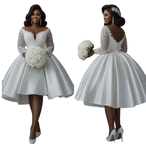 Nuevo Vestido de Novia de Manga Larga con Cuello en V, Vestido de Novia con Falda Abullonada hasta la Rodilla, Talla Grande, Moderno, con Cuentas Naturales, Vestidos de Novia Suaves - Product Image 1
