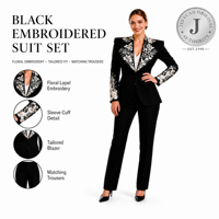 Ensemble de costume blazer noir pour femme orné de broderies, revers décoratifs, pantalon assorti, tenue de cérémonie, pour acheteurs de mode en gros