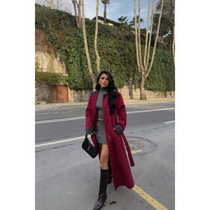 Gabardina Larga para Mujer, Color Borgoña, Cuello Camisero, Doble Botonadura, Relleno de Algodón, Impermeable, Estampado Informal, Corta, para Otoño/Invierno - Product Image 3