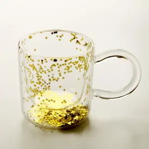 Gold flash quicksand High borosilicato tazza per acqua resistente al calore tazza per bevande in vetro a doppio strato con manico