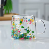 Tasses à fleurs séchées en verre borosilicate à double paroi isolées de 200 ml avec poignée, pour café, thé, lait, idéales pour les fêtes et le bureau