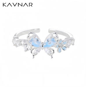 KAVNAR Adjustable Blue Zircon Butterfly <strong>Ring</strong> for Women, <strong>Thick</strong> Silver Plated Copper, Luxury Design - Product Image 1