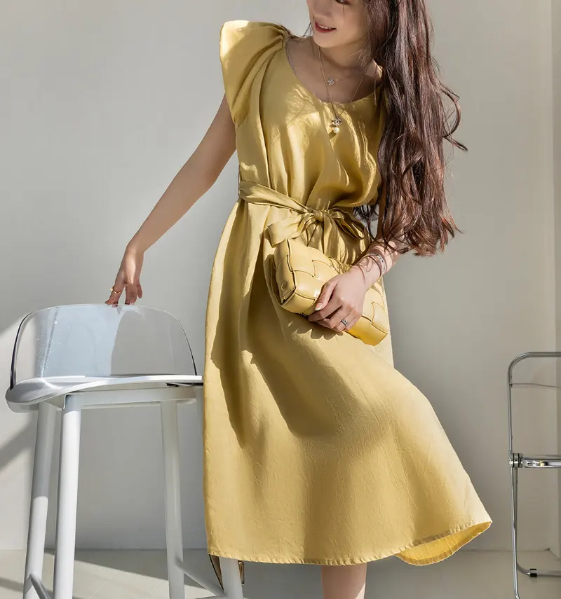Yellow Formal Office Work Women Dresses Cotton Linen Elegant Pleated Career Long Dresses