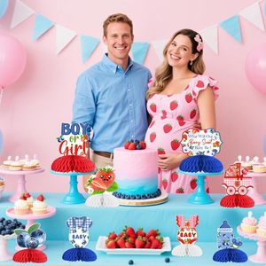 8 Pezzi Centrotavola a Nido d'Ape Fragola e Mirtillo per Rivelazione del Sesso del Bambino, Rosso Blu, 'Cosa sarà il nostro dolce bimbo?' - Product Image 5