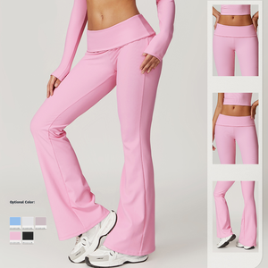 Autumn Women's Solid Pattern Yoga <strong>Leggings</strong> Low-Rise Flared Fitness Pants <strong>with</strong> <strong>Lace</strong> <strong>Trim</strong> for Outdoor or Daily Sports Wear - Product Image 3