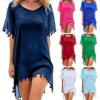 Robe d'été transfrontalière pour femme, en polyester et mousseline, à épaules dénudées, avec pompons, grande taille, coupe ample, ensemble de plage pour couple, paréo