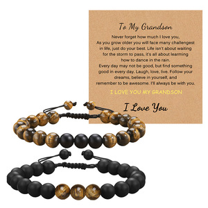 Ensemble de bracelets en corde tressée avec perles en œil de tigre noir mat naturel de 8 mm, <span class=keywords><strong>code</strong></span> <span class=keywords><strong>morse</strong></span>, fait à la main, pour homme, père, fils, petit ami, meilleur cadeau - Product Image 1