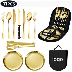 طقم أدوات مائدة محمول للتخييم والنزهات الخارجية، 10 قطع من الفولاذ المقاوم للصدأ تشمل سكين وشوكة وملعقة وطبق - Product Image 1