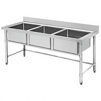 Wastafel Dapur Komersial 3 Kompartemen Baja Anti Karat 300kg/m Beban Tahan Lama, Finishing Matte, Anti Selip, Dilengkapi Backsplash