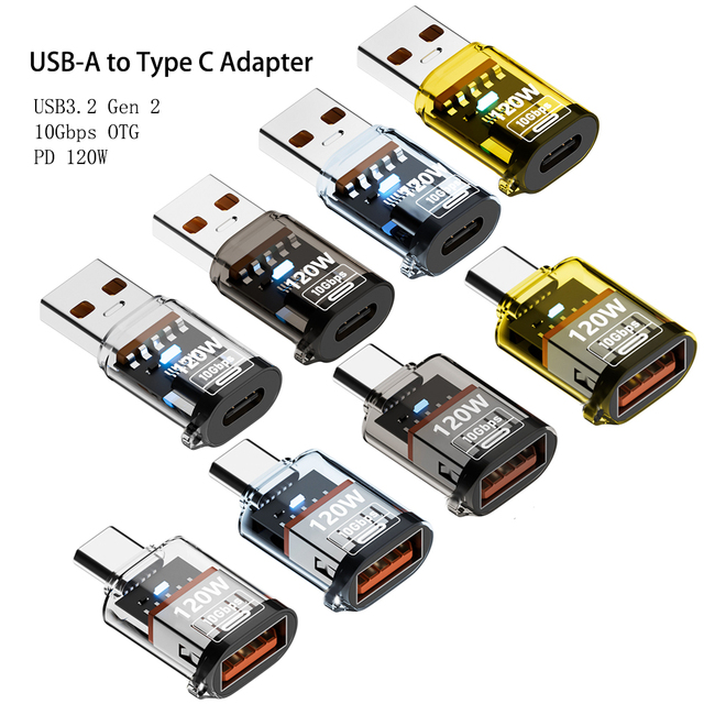 120W USB-A Male to Type C Female Adapter DC Output Transparent USB 3.2 Gen2 10Gbps Data Transfer OTG iPhone 15/16 Laptop Tablet