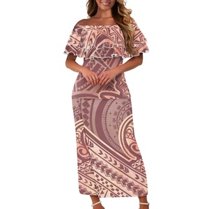 Venta al por mayor Samoan tradicional tatuaje estampado vestido de <span class=keywords><strong>mujer</strong></span> personalizado barato Polinesia impreso señoras isla conjunto de dos piezas Puletasi - Product Image 3