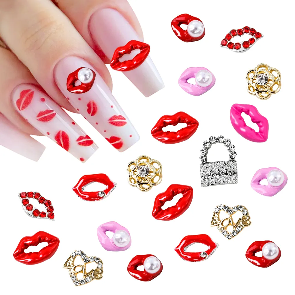 10 Stks/zak Valentijnsdag Nagel Bedels Rood Roze Lip Hartje Slot 3d Metaal Kristal Parel Nail Art Steentjes Sieraden Accessoires