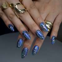 Ongles à presser en acrylique amande, effet métal liquide cybernétique bleu-vert irisé, argent liquide, papillon 3D, French manucure, clous décoratifs, ongles uniques
