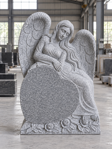 Statue d'ange de style américain traditionnel pour cimetière, pierre tombale avec sculpture de rose, monument en granit gris, marque américaine, modèle 02 - Product Image 1