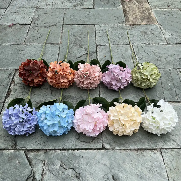Hortensia artificial S0316 para decoración de boda, hortensias grandes de imitación, un solo tallo, seda falsa, flores blancas