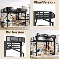Lit superposé pleine grandeur avec rangement, escalier, étagères, armoire, ports USB, lumières LED, cadre en métal et MDF, design moderne pour adultes et adolescents, noir