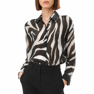 Blusa <span class=keywords><strong>de</strong></span> Mujer Personalizada <span class=keywords><strong>de</strong></span> Fábrica, Estampado <span class=keywords><strong>de</strong></span> <span class=keywords><strong>Cebra</strong></span> Blanco y Negro, Cuello Camisero, Manga Larga, Estilo Casual Vintage - Product Image 2