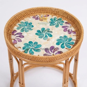 Eco-Friendly Handmade <b>Round</b> Rattan Coffee <b>Table</b> Mother of Pearl Inlay Modern Minimalist <b>Bedside</b> End <b>Table</b> for Living Room - Product Image 2