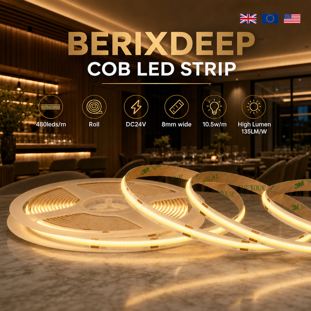 BERIXDEEP COB LED Strip Roll 480LEDs/m 24V 8mm Wide High Lumen 135LM/W CRI92+ Dotless Flexible Cuttable Strip Light for Wardrobe