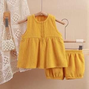 Nuovo Stile Set Pigiama Due Pezzi per <span class=keywords><strong>Bambina</strong></span> in Cotone a Doppio Strato, Gonna e Top in Garza, Tinta Unita, Comodo, con Apertura Frontale e <span class=keywords><strong>Pantaloncini</strong></span> - Product Image 6