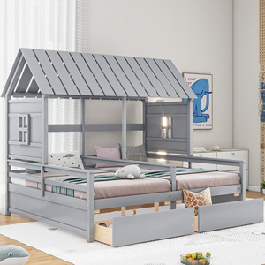 เตียงเด็กคู่รูปทรงบ้านไม้สีเทา พร้อมลิ้นชักเก็บของ เฟอร์นิเจอร์ห้องนอนสำหรับเด็ก - Product Image 2