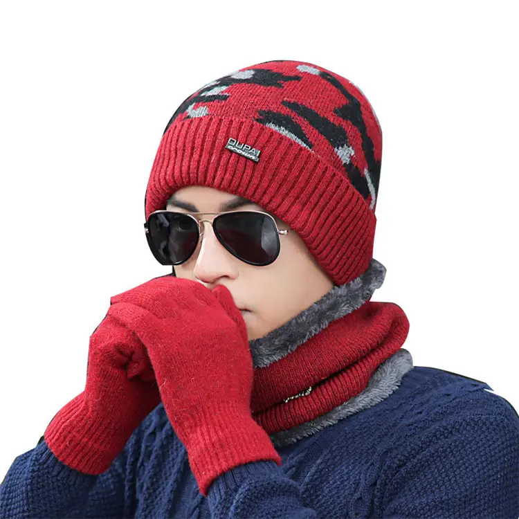 3 pcs all in one men winter knitted beanie hat scarf and gloves set