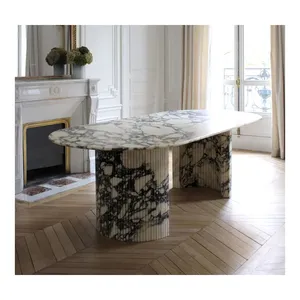 SHIHUI mobili di lusso della sala da pranzo naturale Calacatta Viola tavolo ovale con Base di Design scanalato tavolo da pranzo in marmo