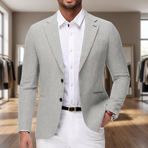 Blazer gris clair pour homme, simple boutonnage, col cranté, style italien, en coton, respirant, coupe classique - Product Image 4