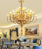 Lámpara de Techo de Lujo con Colgante de Cobre Dorado, Gran Araña de Latón Antiguo, Estilo Candelabro, para Villa Francesa, Hogar y Villa de Mediados de Siglo