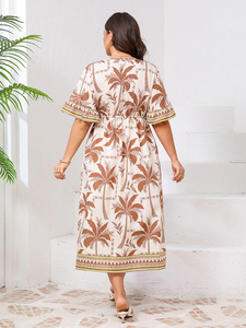 <b>Plus</b> <b>Size</b> V-neck Dress with Bell Sleeves and Fashionable Printed Elasticated Waist Maxi Skirt - Product Image 2
