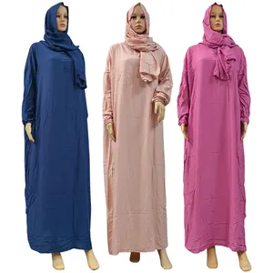 Muslim one-piece women's clothing Cotton abaya dress Hijab Scarf Robe Islamic Dubai Turkey khimar Solid color prayer Loose dress