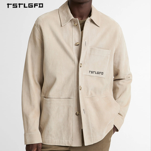 Custom Men's Outerwear Utility Shirt Beige Cotton Twill Oversized Fit <b>Button</b>-Down Streetwear Essentials - Product Image 1