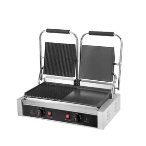 Full Grooved And Full Flat 2in1 Double Plate Panini Sandwich Press Grill Beef Steak Machine Commercial Electric Contact Grill