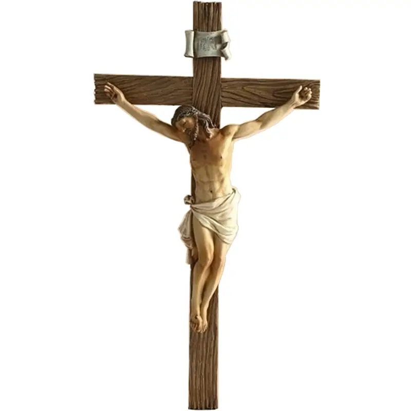 Estatua religiosa católica de resina de la cruz de Jesús, producto de fábrica, crucifijo de Jesús clavado en la cruz para decoración colgante de pared