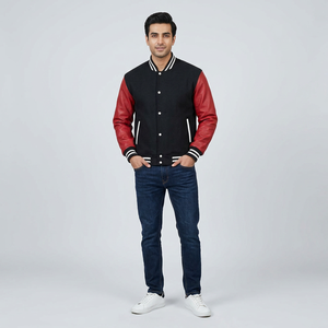 Custom <b>Men's</b> Varsity <b>Jacket</b> Cheap Warm Wool Body Leather Sleeves With Hooded Collar Embroidery Decoration XL Size <b>Long</b> Clothing - Product Image 1