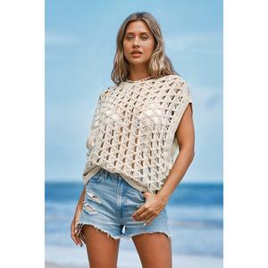 Top de Ganchillo Tejido Calado Color Caqui, Sin Mangas, Transparente, Estilo Abstracto y Fresco para Resort, Venta al por Mayor - Product Image 4