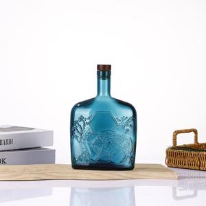 Botella Vacía Redonda Plana <span class=keywords><strong>Azul</strong></span> Personalizada de 700 ml, Apta para Brandy, Ginebra, Ron, Vodka, <span class=keywords><strong>Tequila</strong></span>, con Tapón de Vidrio - Product Image 3