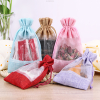 Sac en toile de jute réutilisable écologique naturel, sac en toile de jute transparent avec fenêtre, pochette cadeau en lin avec cordon de serrage, logo personnalisé en vrac