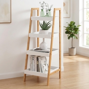 Hot Selling Decoration White 4 Tier Display Bamboo Wood Plants Stand <strong>Outdoor</strong> Indoor Ladder <strong>Shelf</strong> - Product Image 4